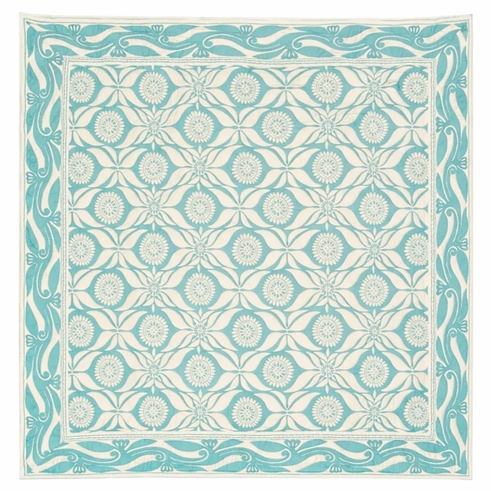 Pottery Barn Turquoise Block Print Quilt Bedspread Double Sided